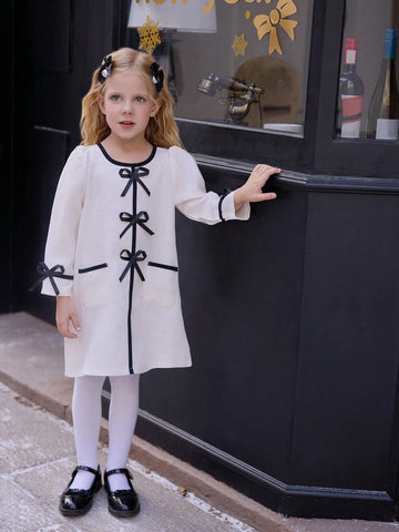 Young Girl Apricot Long Sleeve Cute Bow Comfortable And Fashionable Casual Style Double Pocket Dress, Suitable For Spring And Autumn