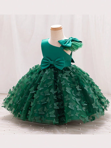 Young Girl Asymmetrical Collar Bow Decor Princess Dress Children Party Tutu Dress