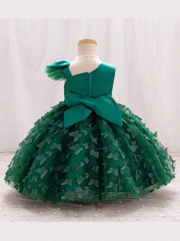Young Girl Asymmetrical Collar Bow Decor Princess Dress Children Party Tutu Dress