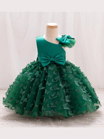 Young Girl Asymmetrical Collar Bow Decor Princess Dress Children Party Tutu Dress