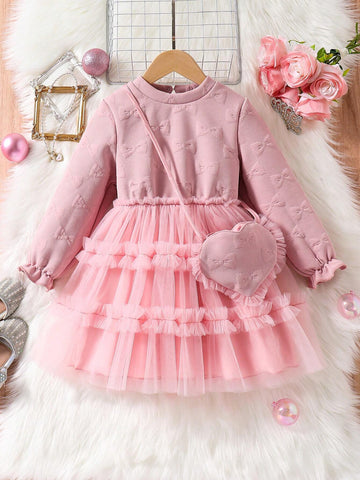 Young Girl Autumn/Winter Bow Textured Mesh Ruffled Hem Cute Dress