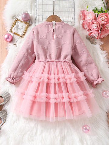 Young Girl Autumn/Winter Bow Textured Mesh Ruffled Hem Cute Dress