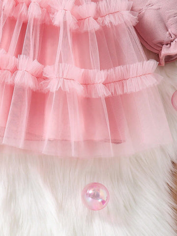 Young Girl Autumn/Winter Bow Textured Mesh Ruffled Hem Cute Dress