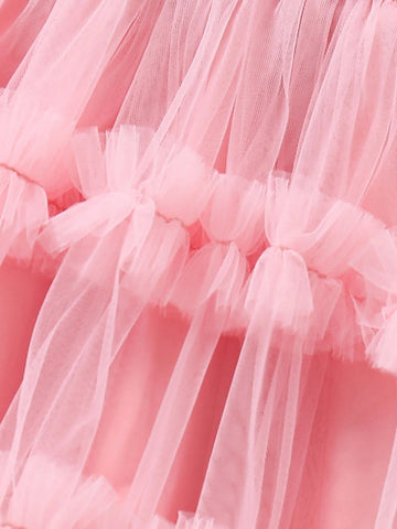 Young Girl Autumn/Winter Bow Textured Mesh Ruffled Hem Cute Dress