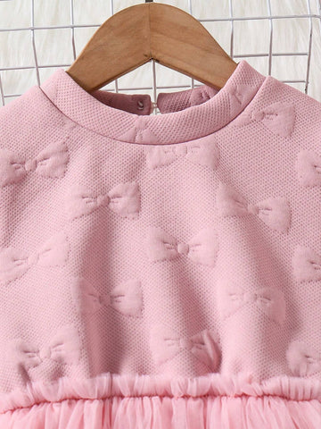 Young Girl Autumn/Winter Bow Textured Mesh Ruffled Hem Cute Dress