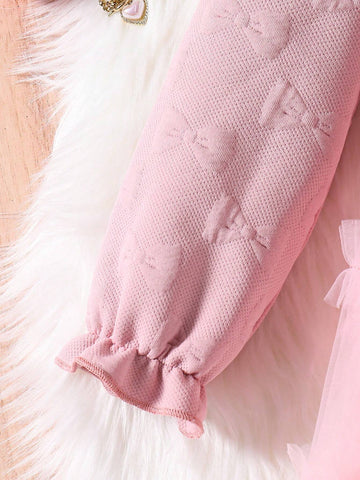 Young Girl Autumn/Winter Bow Textured Mesh Ruffled Hem Cute Dress