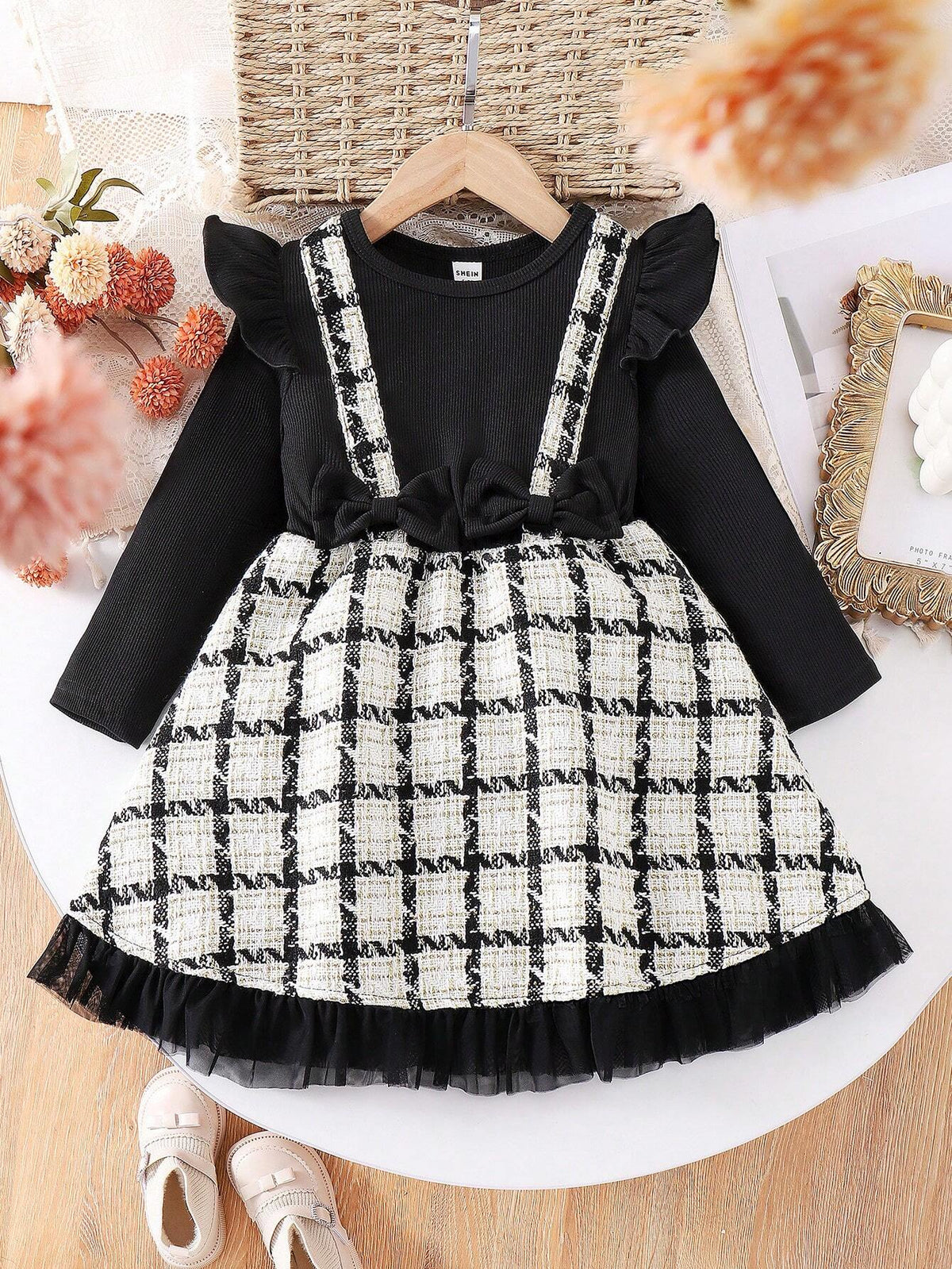 Young Girl' Autumn/Winter Bowknot Patchwork Mesh Dress With Tulle Trim