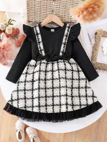 Young Girl' Autumn/Winter Bowknot Patchwork Mesh Dress With Tulle Trim