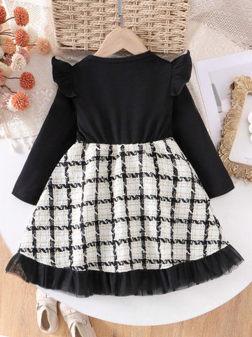 Young Girl' Autumn/Winter Bowknot Patchwork Mesh Dress With Tulle Trim
