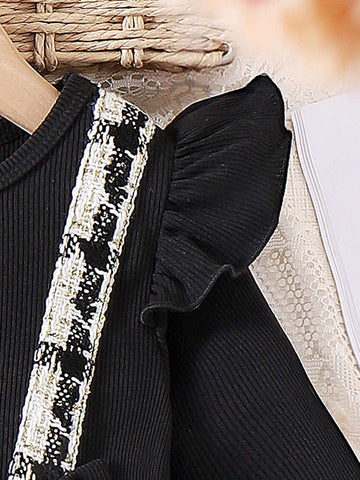 Young Girl' Autumn/Winter Bowknot Patchwork Mesh Dress With Tulle Trim