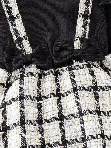 Young Girl' Autumn/Winter Bowknot Patchwork Mesh Dress With Tulle Trim