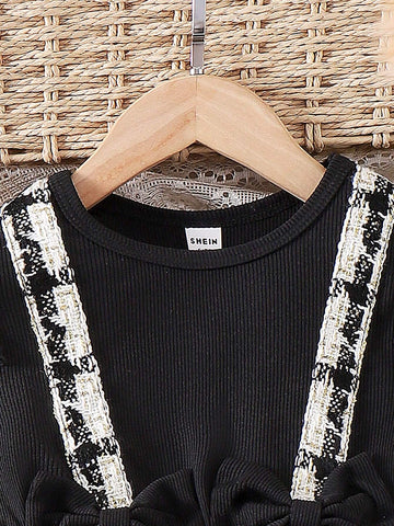 Young Girl' Autumn/Winter Bowknot Patchwork Mesh Dress With Tulle Trim