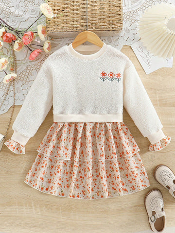 Young Girl Autumn/Winter Fleece Splicing Ditsy Floral 2 In 1 Dress