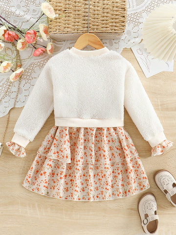 Young Girl Autumn/Winter Fleece Splicing Ditsy Floral 2 In 1 Dress