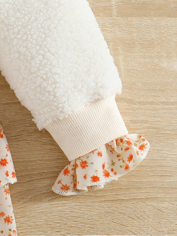Young Girl Autumn/Winter Fleece Splicing Ditsy Floral 2 In 1 Dress