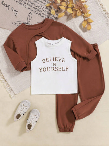 Young Girl Autumn/Winter Long Sleeve Stylish Cropped Sweatshirt With Letter Print Tank Top And Solid Color Pants Set