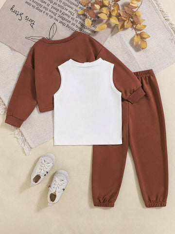 Young Girl Autumn/Winter Long Sleeve Stylish Cropped Sweatshirt With Letter Print Tank Top And Solid Color Pants Set