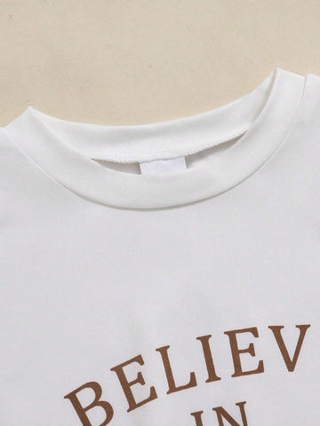 Young Girl Autumn/Winter Long Sleeve Stylish Cropped Sweatshirt With Letter Print Tank Top And Solid Color Pants Set