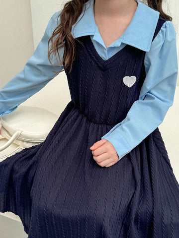 Young Girl Autumn Color Blocking Collared Long Sleeve 2 In 1 Cute Dress