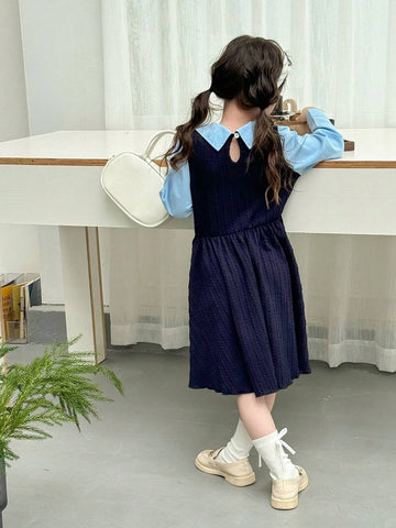 Young Girl Autumn Color Blocking Collared Long Sleeve 2 In 1 Cute Dress