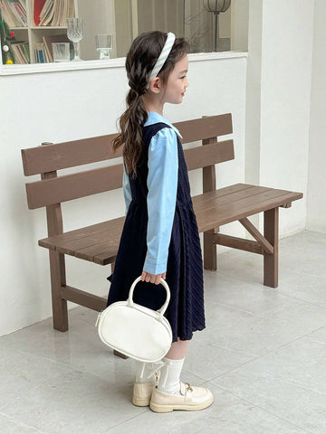 Young Girl Autumn Color Blocking Collared Long Sleeve 2 In 1 Cute Dress