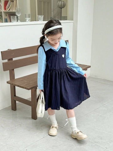 Young Girl Autumn Color Blocking Collared Long Sleeve 2 In 1 Cute Dress