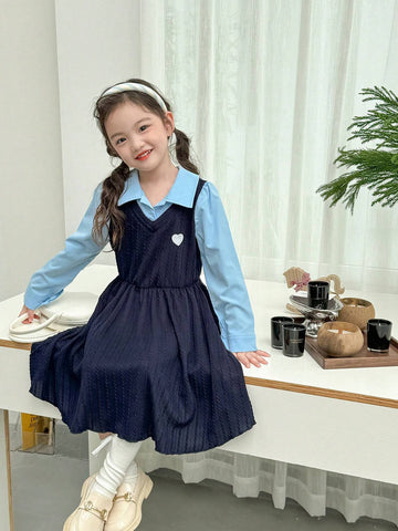 Young Girl Autumn Color Blocking Collared Long Sleeve 2 In 1 Cute Dress