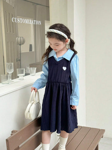 Young Girl Autumn Color Blocking Collared Long Sleeve 2 In 1 Cute Dress