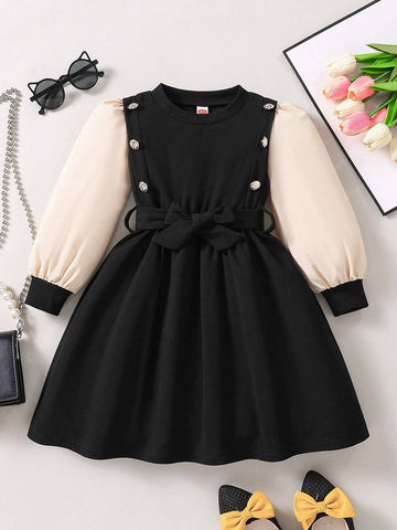 Young Girl Autumn Fashionable Casual Color-Block Puff Sleeve Dress With Matching Belt
