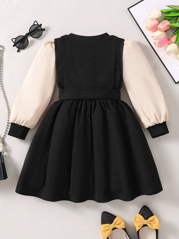 Young Girl Autumn Fashionable Casual Color-Block Puff Sleeve Dress With Matching Belt