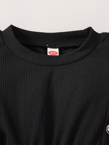 Young Girl Autumn Fashionable Casual Color-Block Puff Sleeve Dress With Matching Belt