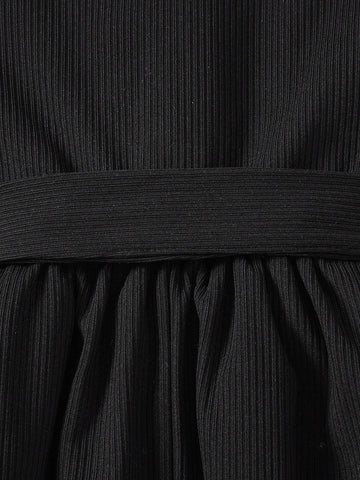 Young Girl Autumn Fashionable Casual Color-Block Puff Sleeve Dress With Matching Belt