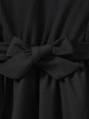 Young Girl Autumn Fashionable Casual Color-Block Puff Sleeve Dress With Matching Belt