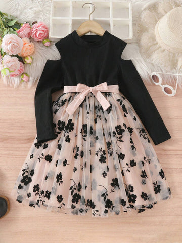 Young Girl Autumn Floral Contrast Mesh Flocked Off Shoulder Princess Long Sleeve Dress