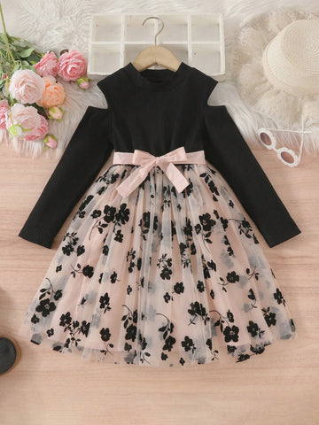 Young Girl Autumn Floral Contrast Mesh Flocked Off Shoulder Princess Long Sleeve Dress