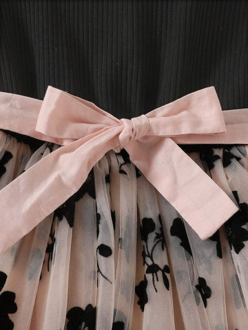 Young Girl Autumn Floral Contrast Mesh Flocked Off Shoulder Princess Long Sleeve Dress