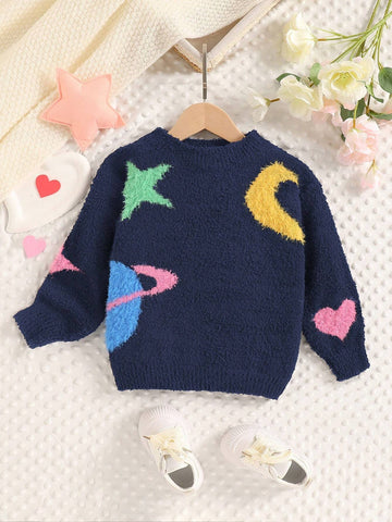 Young Girl Autumn Outfit, Kid Girl Loose Fit Round Neck Moon & Star Pattern Sweater, Soft & Warm Top For Fall/Winter