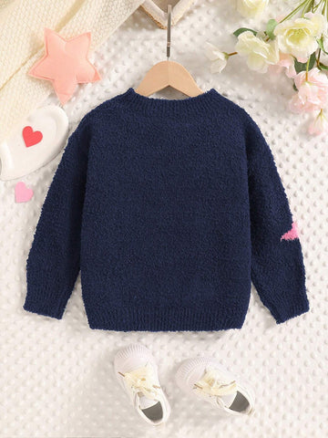 Young Girl Autumn Outfit, Kid Girl Loose Fit Round Neck Moon & Star Pattern Sweater, Soft & Warm Top For Fall/Winter