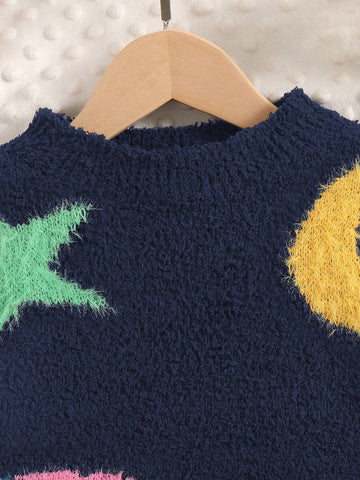 Young Girl Autumn Outfit, Kid Girl Loose Fit Round Neck Moon & Star Pattern Sweater, Soft & Warm Top For Fall/Winter