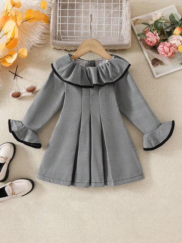 Young Girl Autumn Patchwork Ruffle Sleeve Cute Plaid Dress