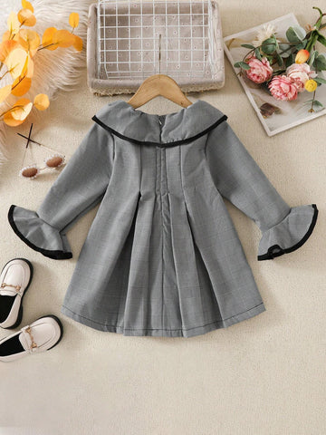 Young Girl Autumn Patchwork Ruffle Sleeve Cute Plaid Dress