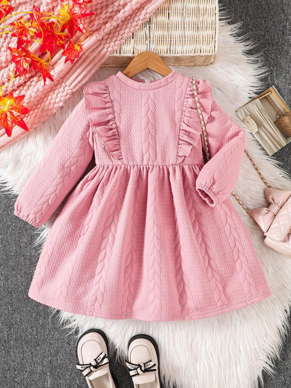Young Girl Autumn Winter Textured Knit Padded Cap Sleeve Casual Dress