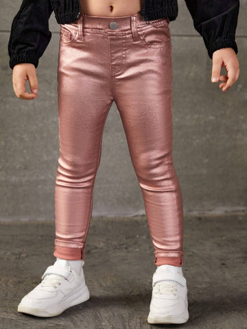 Young Girl Basic Casual Dopamine Pink Highly Stretch Skinny Jeans With Fully Elastic Waist