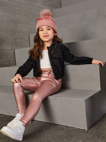 Young Girl Basic Casual Dopamine Pink Highly Stretch Skinny Jeans With Fully Elastic Waist