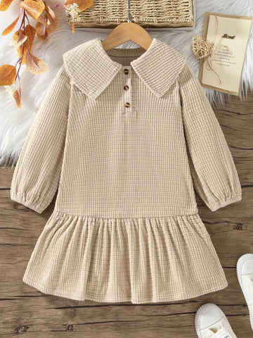 Young Girl Basic Textured Maxi Collar Low Waist Flared Hem Long Sleeve Thickened Minimalist Dress