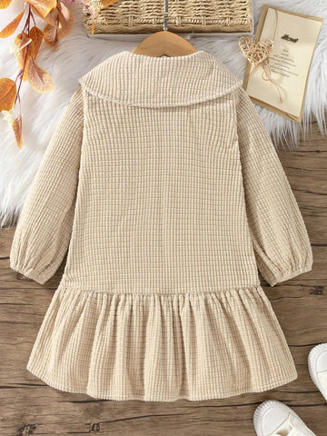 Young Girl Basic Textured Maxi Collar Low Waist Flared Hem Long Sleeve Thickened Minimalist Dress