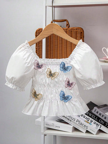Young Girl Beach Play Square Neck 3D Butterfly Cute Puff Sleeve Blouse Suitable For Vacation, Summer