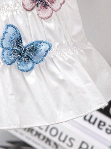 Young Girl Beach Play Square Neck 3D Butterfly Cute Puff Sleeve Blouse Suitable For Vacation, Summer