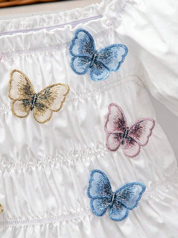 Young Girl Beach Play Square Neck 3D Butterfly Cute Puff Sleeve Blouse Suitable For Vacation, Summer