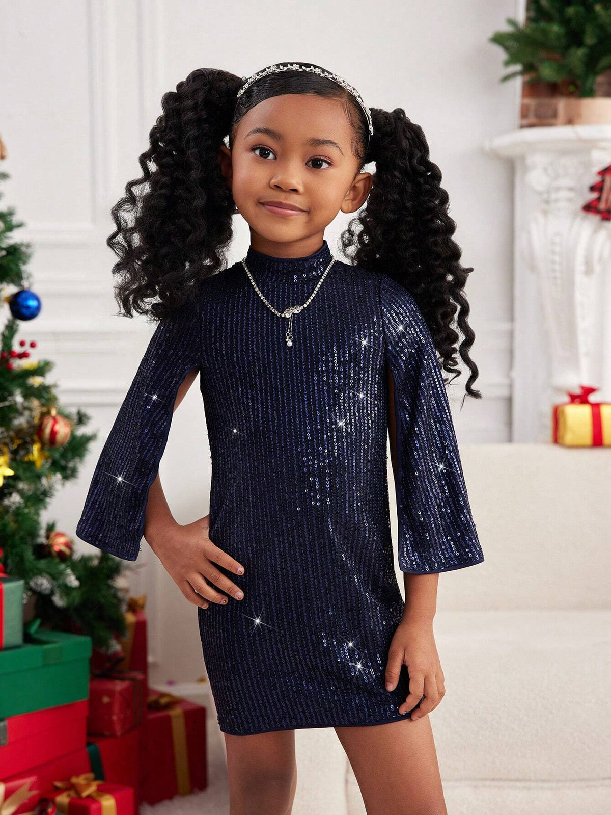 Young Girl Beaded Woven Round Neck Fitted Elegant Dress